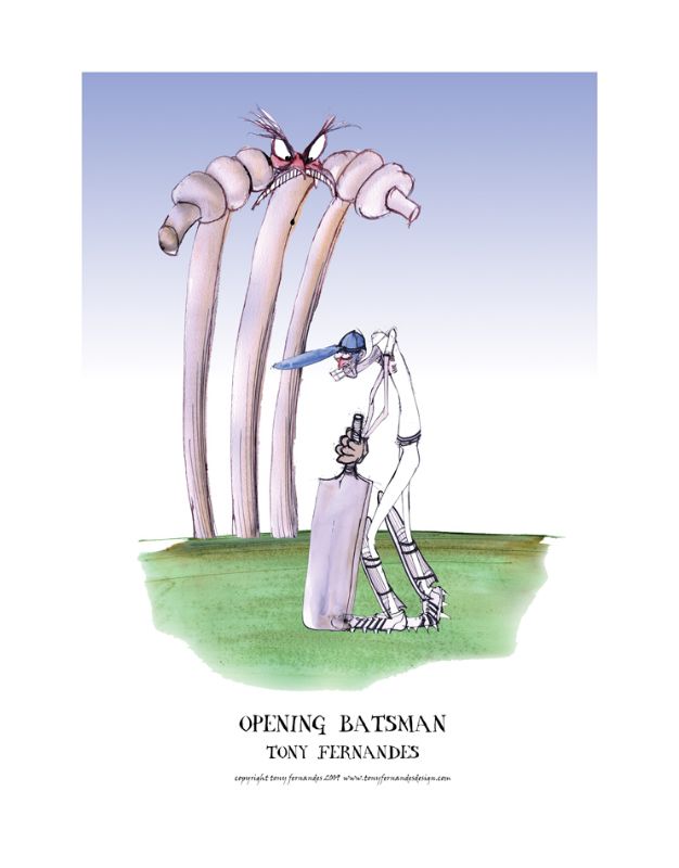Opening Batsman by Tony Fernandes - England Test Cricket Cartoon signed print